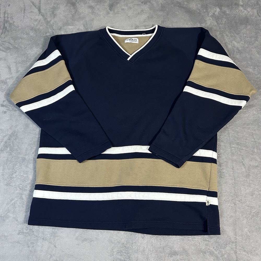 Penguin Sport Men's XL V-Neck Long Sleeve Shirt Navy Tan Stripe Raglan Vintage
